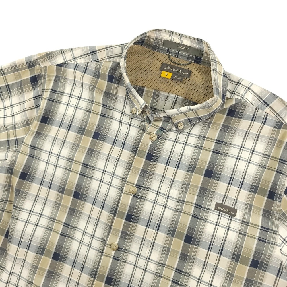 Eddie Bauer Travex Shirt Mens M Blue Plaid Short Sleeve Button Up Classic Fit
